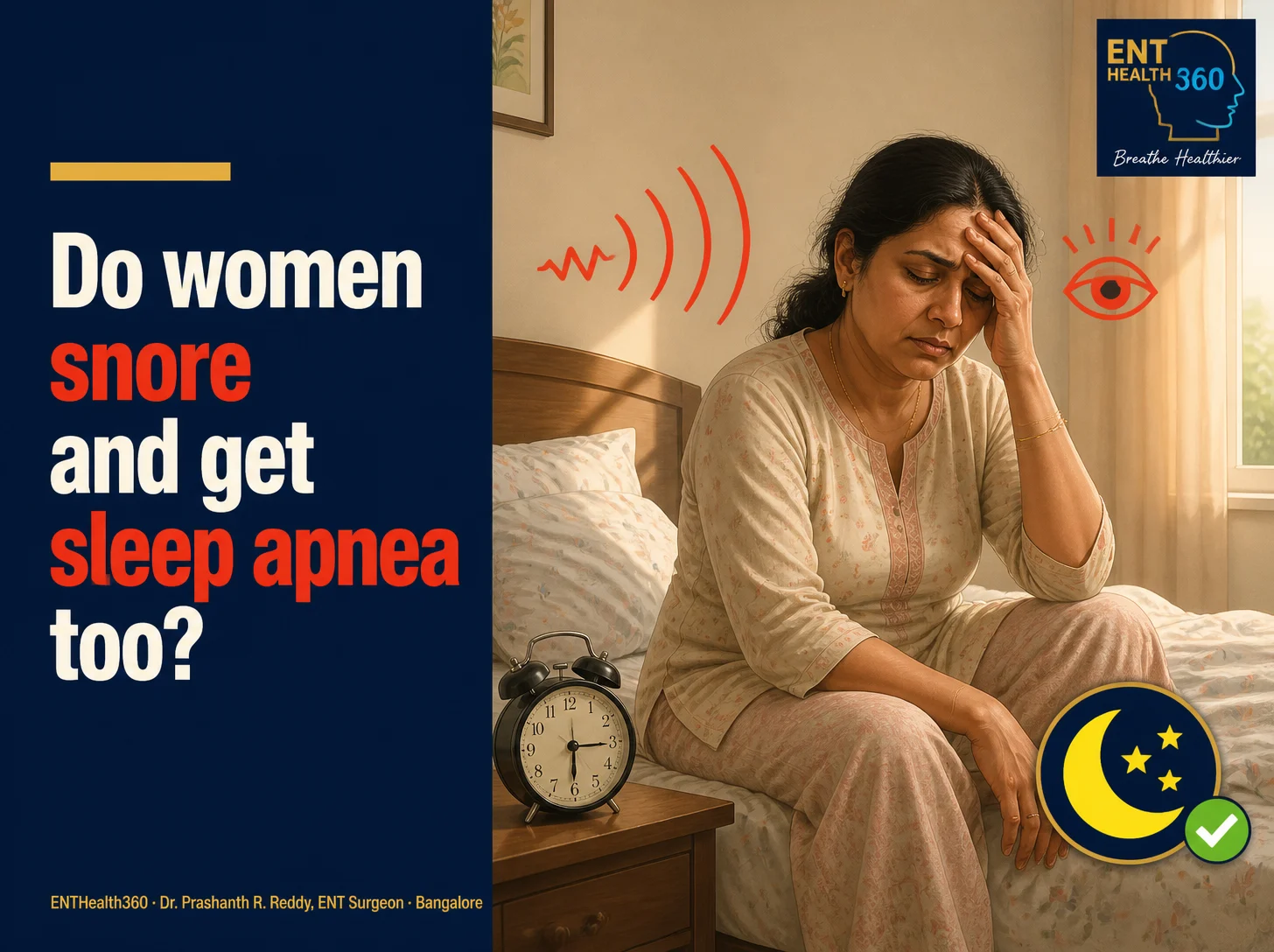 Illustrated cover in ENTHealth360 navy and gold: Do women snore and get sleep apnea too?