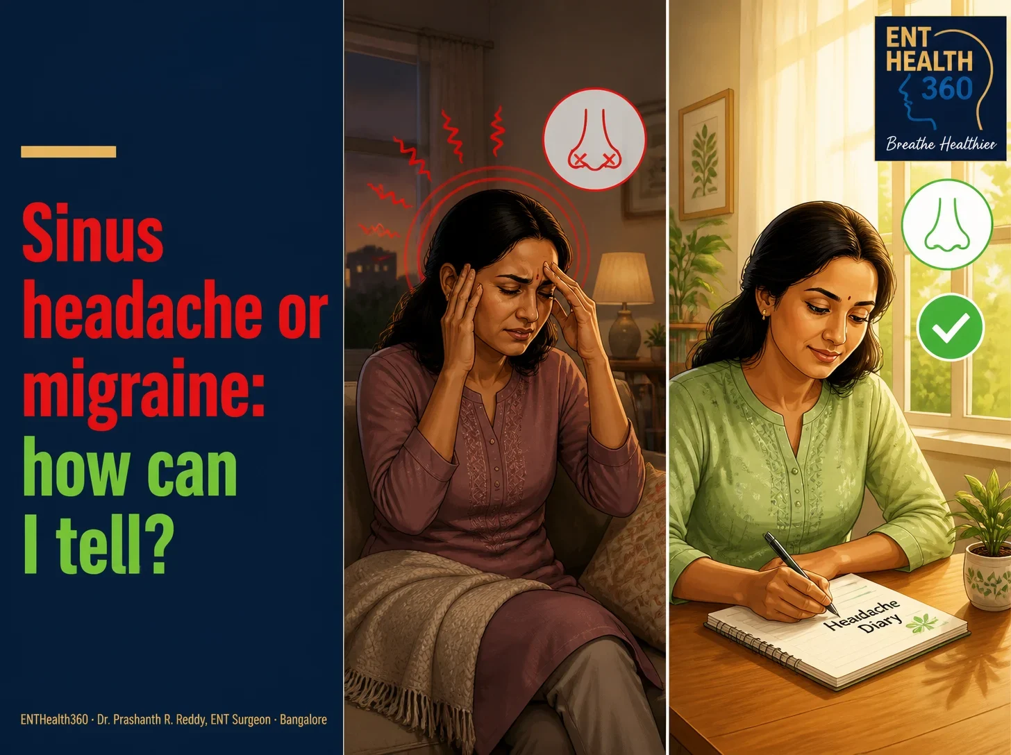 Illustrated cover in ENTHealth360 navy and gold: Sinus headache or migraine: how can I tell?