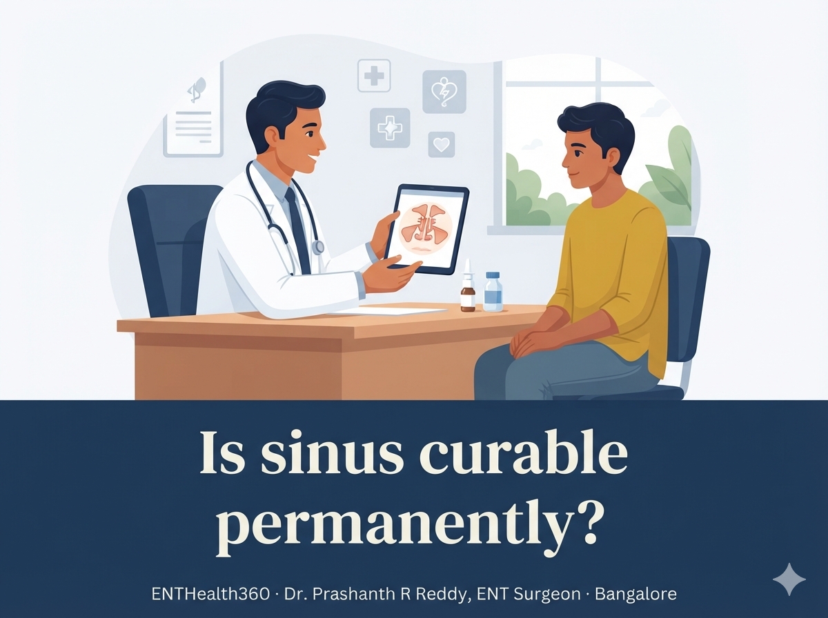 Illustration of an ENT doctor explaining sinus anatomy to a patient, with the title Is sinus curable permanently?