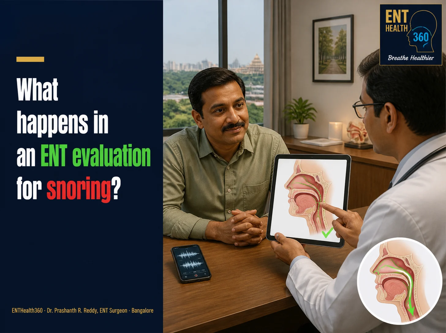 Illustrated cover in ENTHealth360 navy and gold: What happens in an ENT evaluation for snoring?